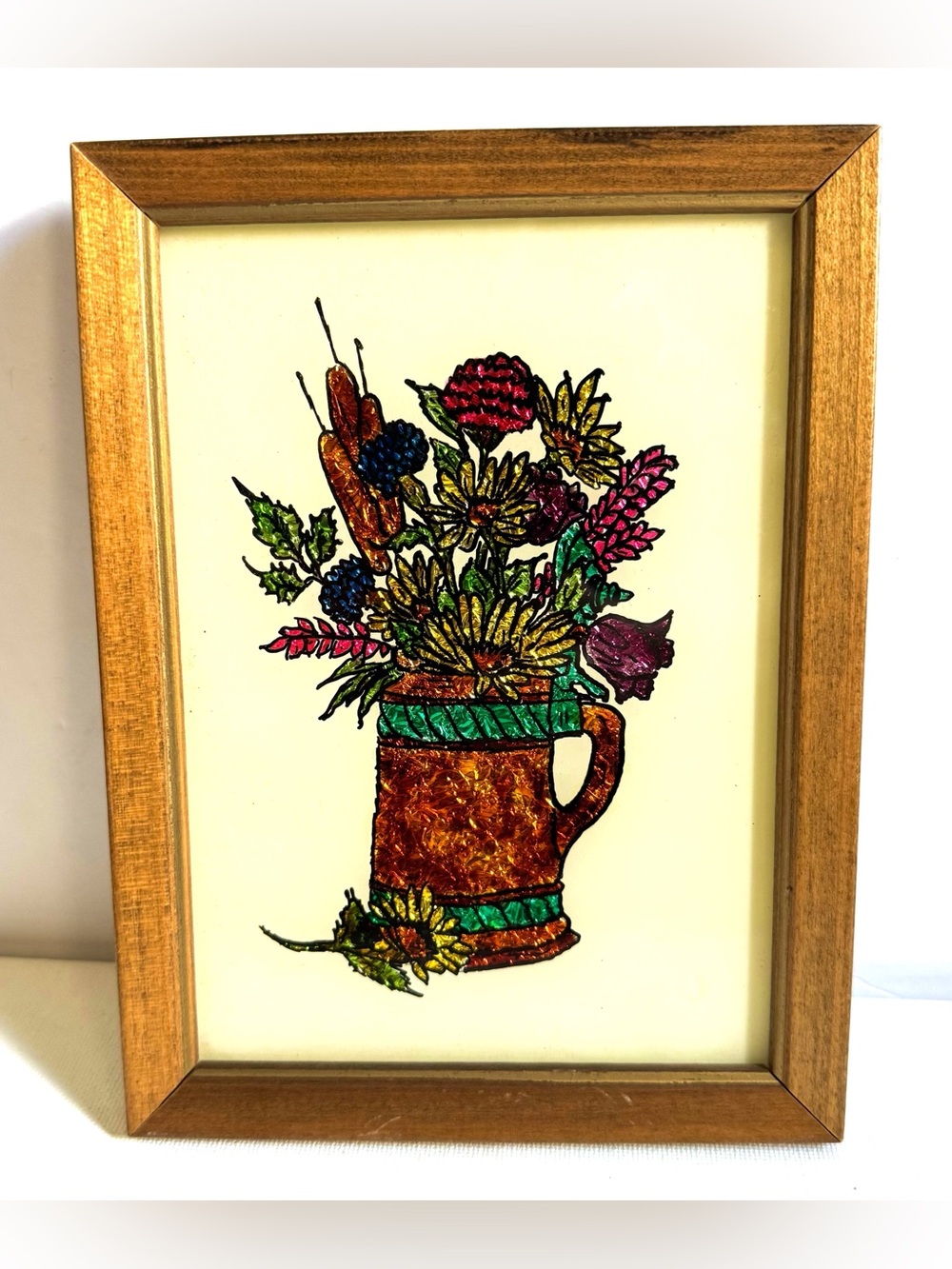 Vtg 1970s Crinkled Foil Art Wildflower Pitcher Cottagecore Kitsch Framed 6x8